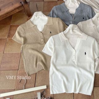 VMY Studio - Áo polo tăm montoghi thêu ngựa cổ tim tay ngắn trẻ trung, áo thun thêu ngựa cổ V cá tính nữ
