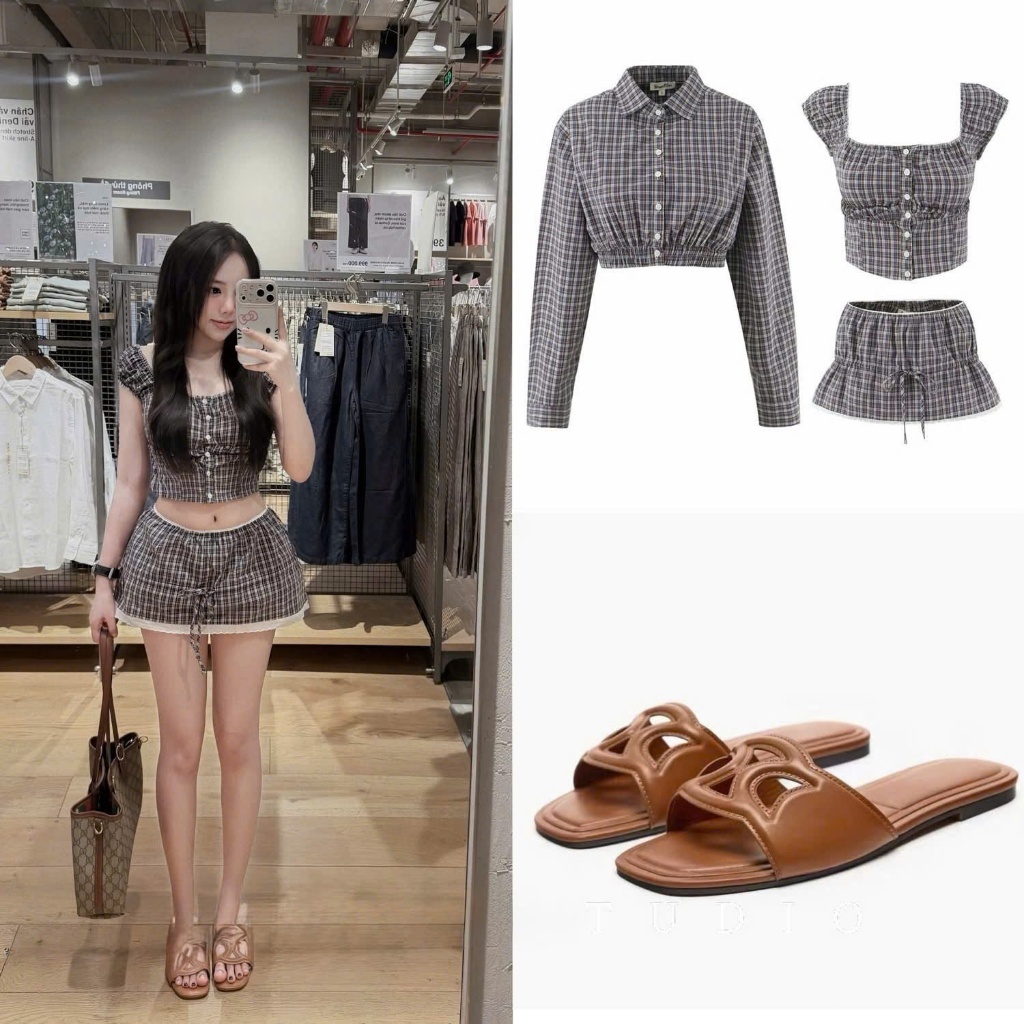 ZIMM STORE-Set bộ áo croptop cổ vuông tay ngắn kẻ caro phối chân váy ngắn