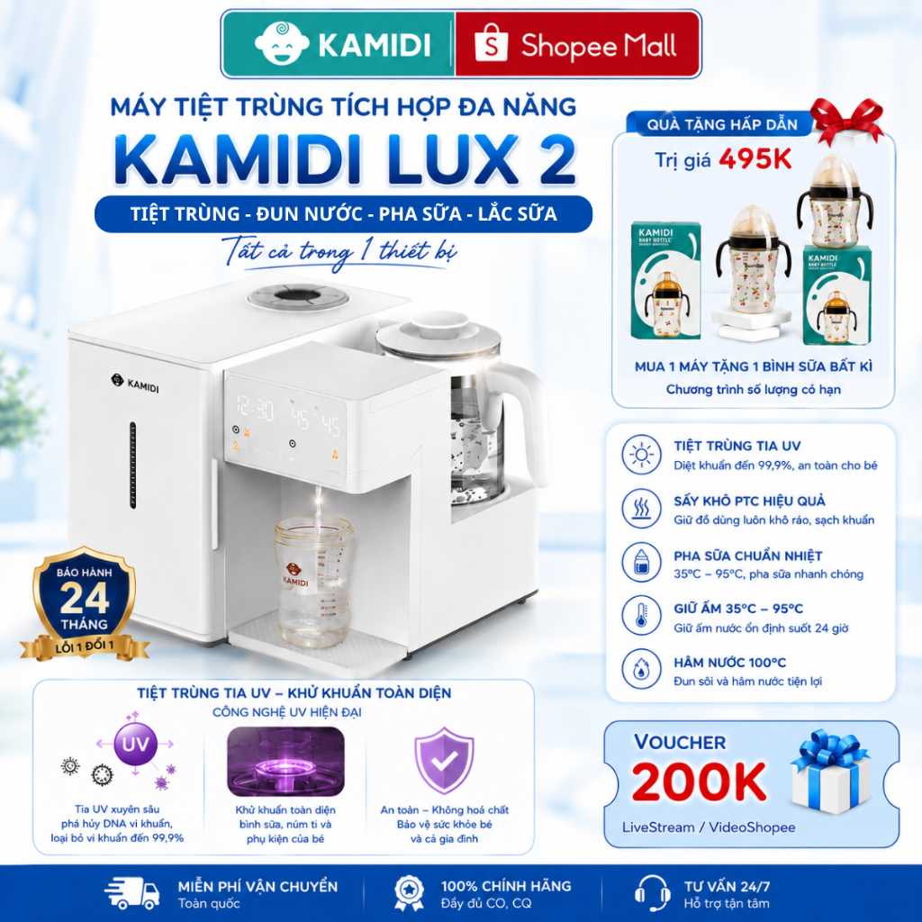Máy Tiệt Trùng UV Đa Năng Kamidi Lux 2 Tích Hợp Lắc Sữa Đun Nước Lấy Nước Tự Động Gọn Nhẹ Tiện Lợi