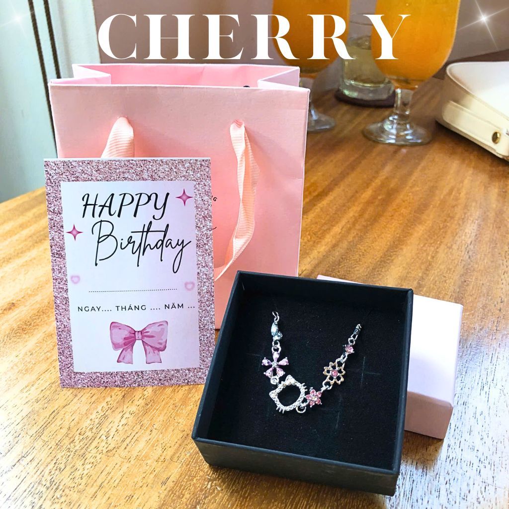 [KHÔNG ĐEN GỈ] Vòng tay titan Hello Kitty nữ đính đá hồng phụ kiện trang sức thời trang CHERRY