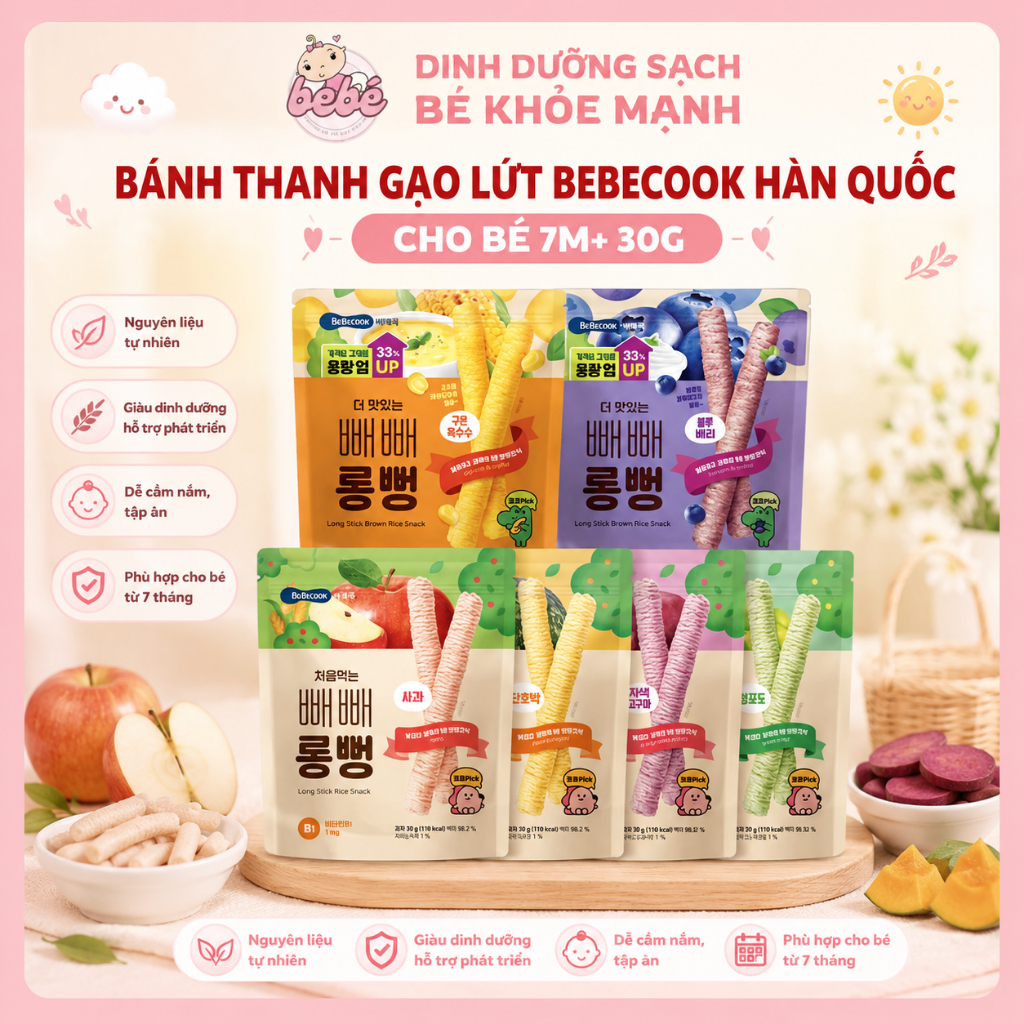 Bánh Thanh Dài Gạo Lứt BeBecook Hàn Quốc Cho Bé 7M+ 30g. Bánh Gạo Ăn Dặm Cho Bé Tập Cầm Nắm