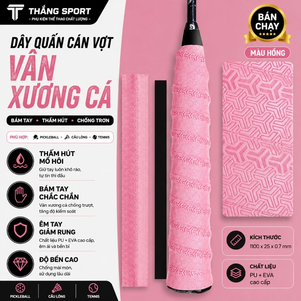 Mua 5c tặng 1c, Mua 10c tặng 2c Quấn Cán Vợt Vân Xương Cá PU+EVA Cao Cấp | Thấm Hút Mồ Hôi, Chống Trơn Pickleball Cầu L