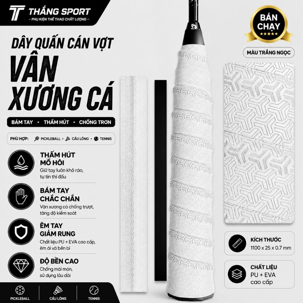 Mua 5c tặng 1c, Mua 10c tặng 2c Quấn Cán Vợt Vân Xương Cá PU+EVA Cao Cấp | Thấm Hút Mồ Hôi, Chống Trơn Pickleball Cầu L