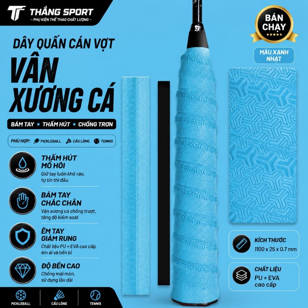 Mua 5c tặng 1c, Mua 10c tặng 2c Quấn Cán Vợt Vân Xương Cá PU+EVA Cao Cấp | Thấm Hút Mồ Hôi, Chống Trơn Pickleball Cầu L