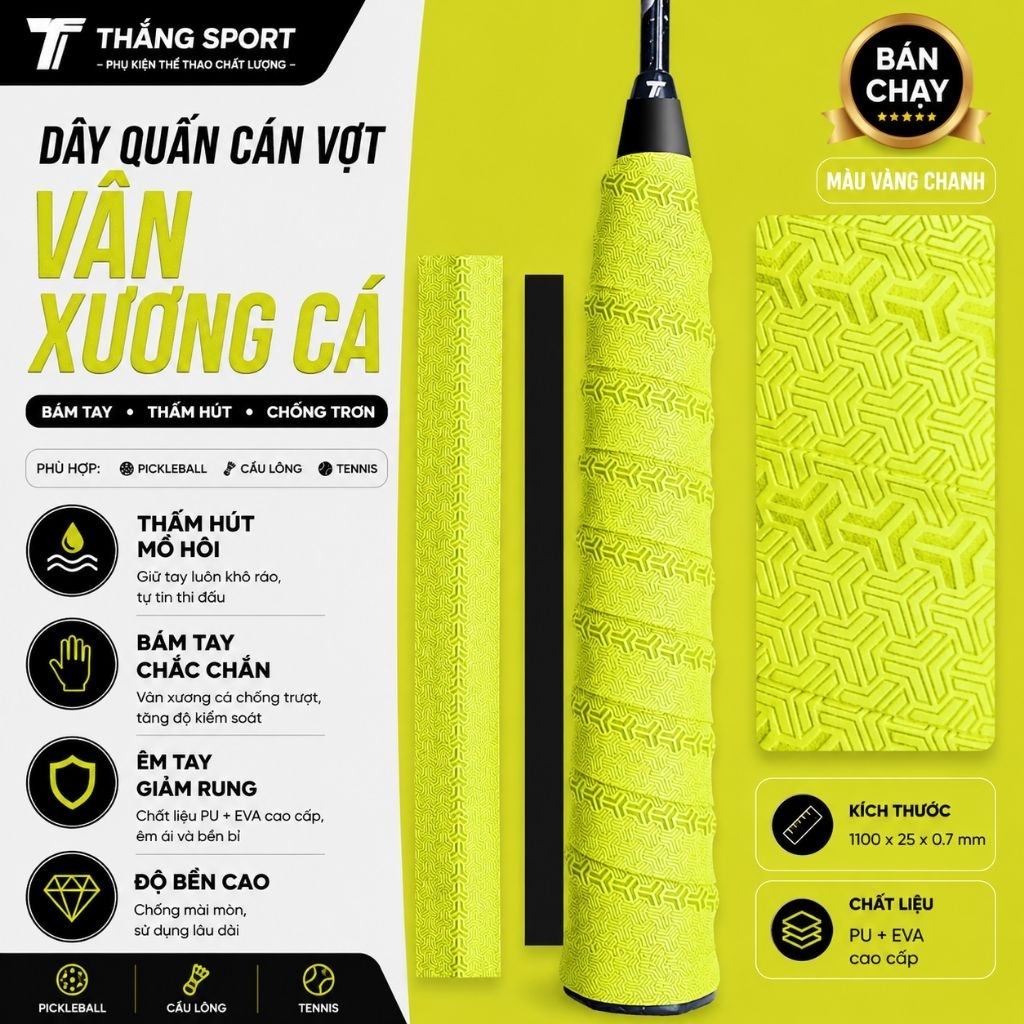 Mua 5c tặng 1c, Mua 10c tặng 2c Quấn Cán Vợt Vân Xương Cá PU+EVA Cao Cấp | Thấm Hút Mồ Hôi, Chống Trơn Pickleball Cầu L