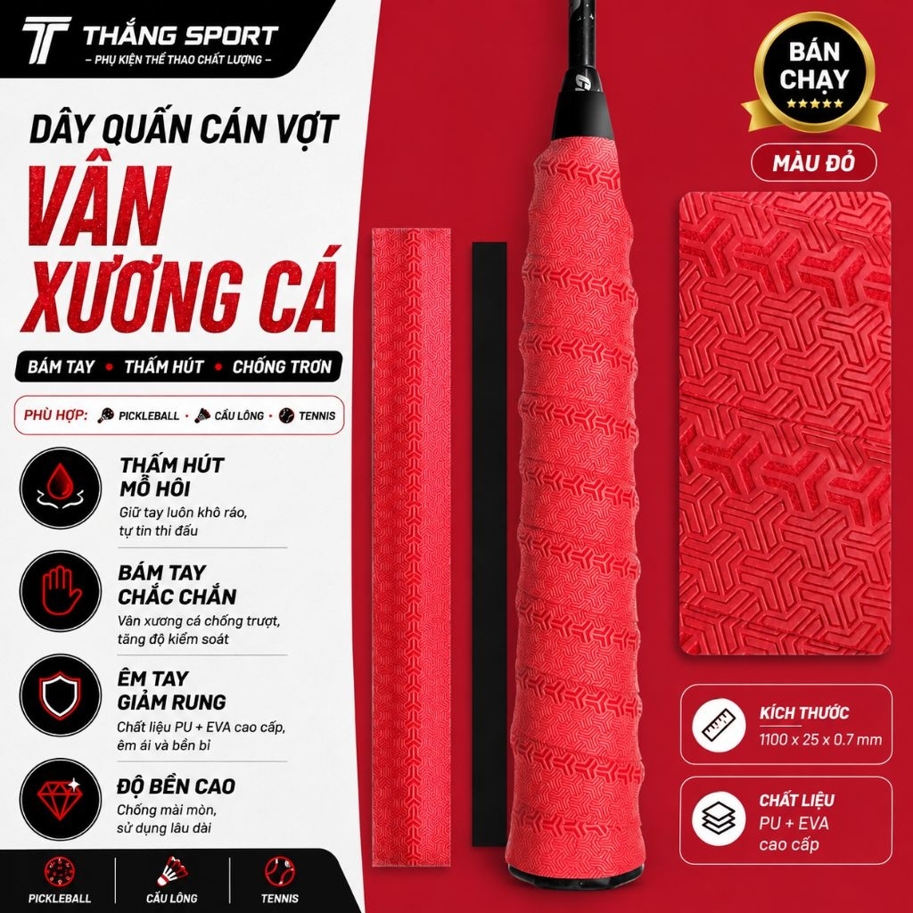 Mua 5c tặng 1c, Mua 10c tặng 2c Quấn Cán Vợt Vân Xương Cá PU+EVA Cao Cấp | Thấm Hút Mồ Hôi, Chống Trơn Pickleball Cầu L