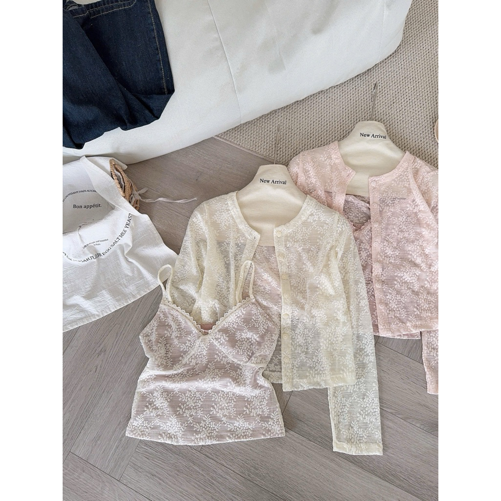 (Hàng Loại 1) Set áo 2 dây cổ V ren hoa kèm áo khoác cardigan hot trend phong cách Hàn Quốc - A6472