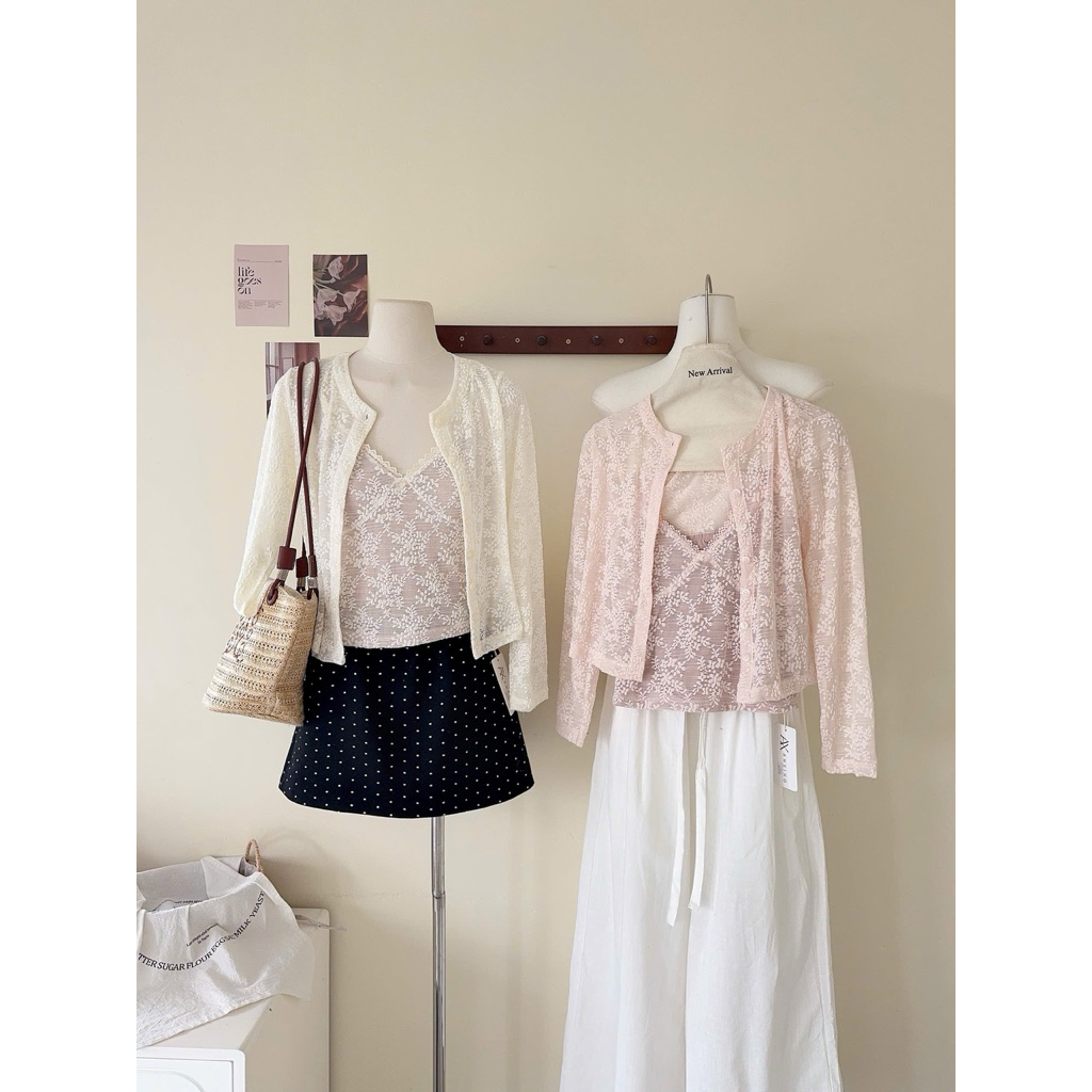(Hàng Loại 1) Set áo 2 dây cổ V ren hoa kèm áo khoác cardigan hot trend phong cách Hàn Quốc - A6472