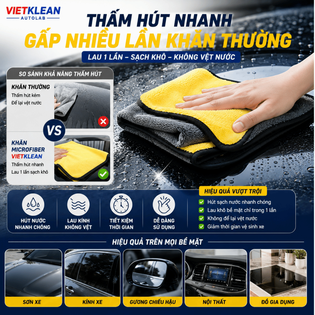 COMBO 10 KHĂN LAU MICROFIBER 2 LỚP CAO CẤP VIETKLEAN AUTOLAB – SIÊU THẤM HÚT, KHÔNG XƠ VẢI, KHÔNG XƯỚC SƠN XE