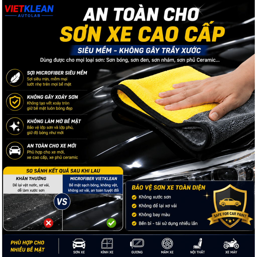 COMBO 10 KHĂN LAU MICROFIBER 2 LỚP CAO CẤP VIETKLEAN AUTOLAB – SIÊU THẤM HÚT, KHÔNG XƠ VẢI, KHÔNG XƯỚC SƠN XE