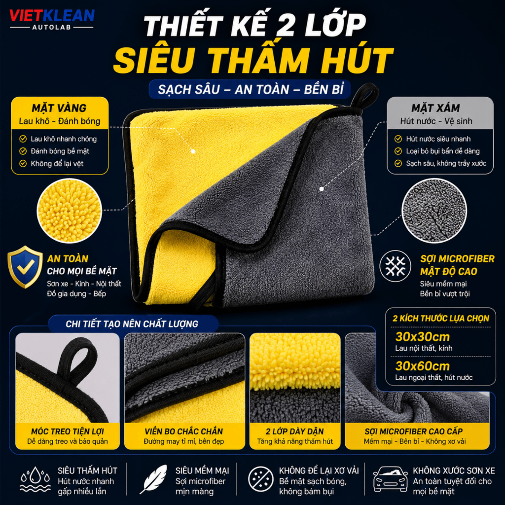 COMBO 10 KHĂN LAU MICROFIBER 2 LỚP CAO CẤP VIETKLEAN AUTOLAB – SIÊU THẤM HÚT, KHÔNG XƠ VẢI, KHÔNG XƯỚC SƠN XE