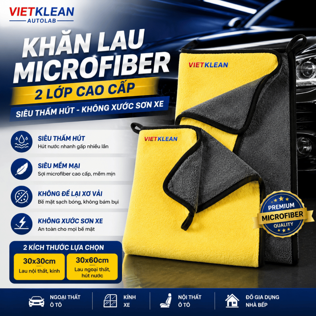 COMBO 10 KHĂN LAU MICROFIBER 2 LỚP CAO CẤP VIETKLEAN AUTOLAB – SIÊU THẤM HÚT, KHÔNG XƠ VẢI, KHÔNG XƯỚC SƠN XE