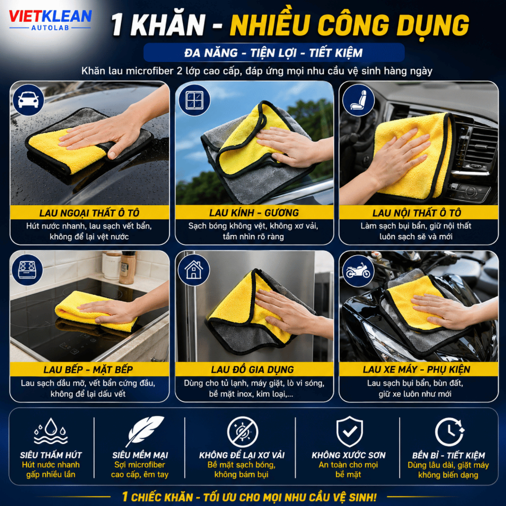 COMBO 10 KHĂN LAU MICROFIBER 2 LỚP CAO CẤP VIETKLEAN AUTOLAB – SIÊU THẤM HÚT, KHÔNG XƠ VẢI, KHÔNG XƯỚC SƠN XE