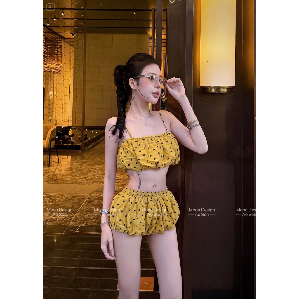 set sz SM chấm bi vàng be