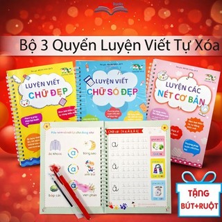 Bộ 3 Sách Luyện Viết Tự Xóa Cho Bé Luyện Chữ Đẹp Chữ Số Nét Cơ Bản Tặng Bút Định Vị Cho Bé 3–6 Tuổi