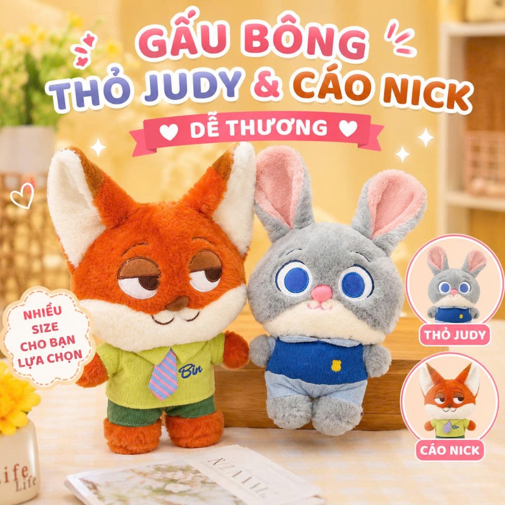 Gấu Bông Thỏ Judy Và Cáo Nick Có Thêu Tên – Thú Nhồi Bông Thỏ Judy, Cáo Nick Dễ Thương Làm Quà Tặng
