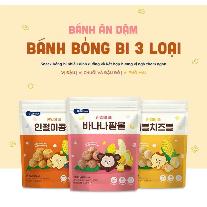 Bánh Ăn Dặm Bỏng Bi BeBecook Hàn Quốc Cho Bé 12M+. Snack Hữu Cơ Giòn Xốp 25g