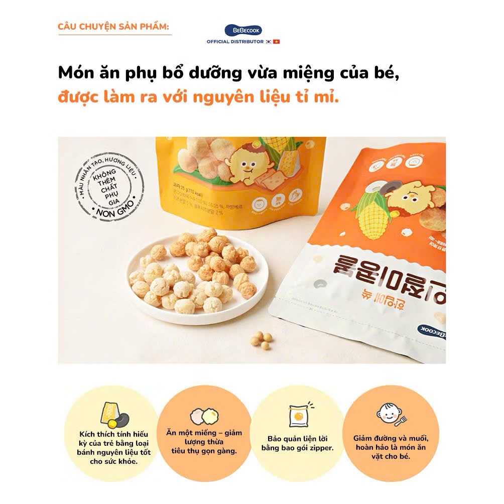Bánh Ăn Dặm Bỏng Bi BeBecook Hàn Quốc Cho Bé 12M+. Snack Hữu Cơ Giòn Xốp 25g