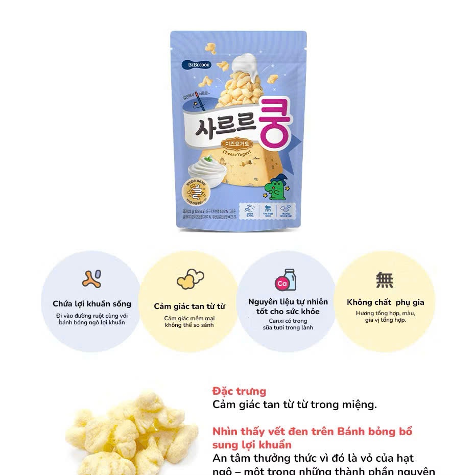 Bánh Ăn Dặm Bỏng Ngô Bổ Sung Lợi Khuẩn BeBecook Hàn Quốc Cho Bé 7M+. Snack Probiotic Dễ Tan 23g
