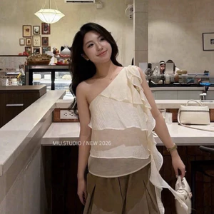 Áo lệch vai voan tơ xếp bèo tầng nhún tà sang chảnh , Áo kiểu nữ nhiều tầng dáng suông phong cách Hàn Quốc dễ mix đồ
