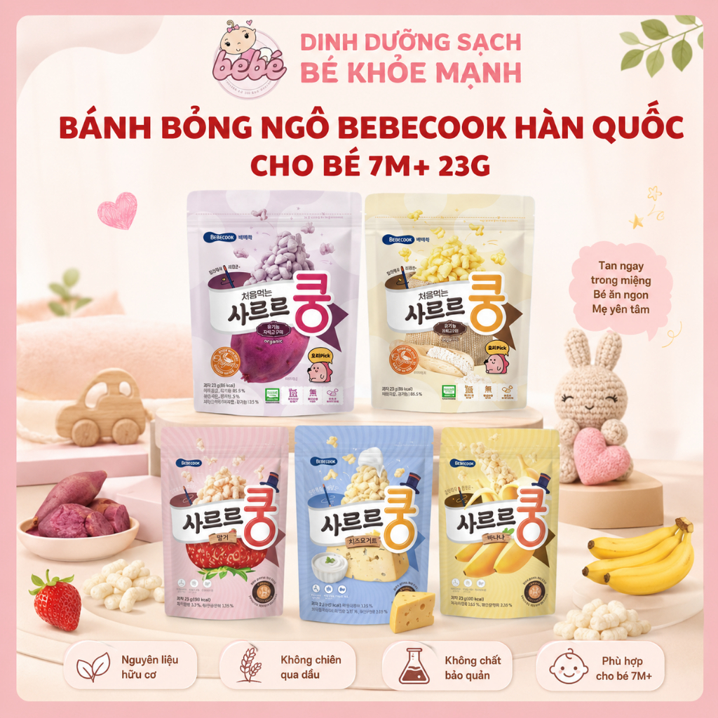 Bánh Ăn Dặm Bỏng Ngô Bổ Sung Lợi Khuẩn BeBecook Hàn Quốc Cho Bé 7M+. Snack Probiotic Dễ Tan 23g