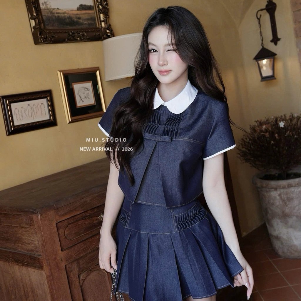MIU.STUDIO • Set demin nữ tay ngắn phối cổ sơmi đính nơ cao cấp kèm chân váy xếp ly style học sinh HQ trẻ trung năng độn