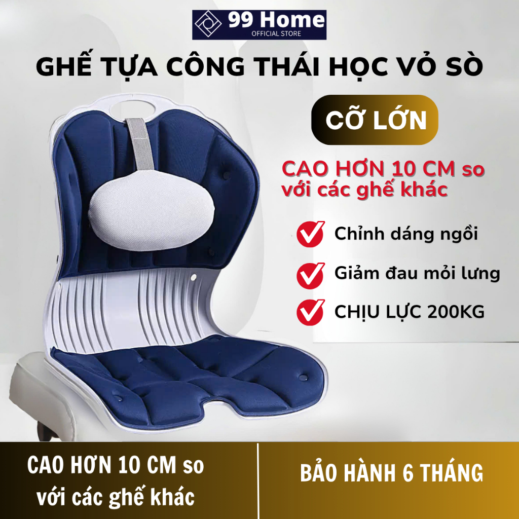 Ghế Bệt Tựa Lưng VỎ SÒ có gối tựa, chỉnh dáng ngồi đúng, bản công thái học, thư giãn cột sống CTH-01