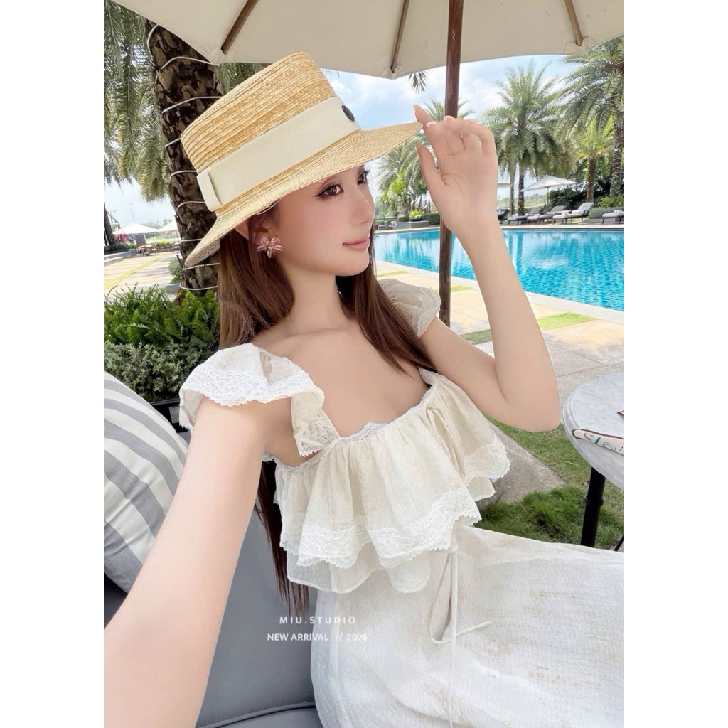 Váy maxi trắng 2 dây bản to phối bèo tầng dáng dài cao cấp, Đầm voan tơ cổ vuông bánh bèo tiểu thư mặc đi biển du lịch