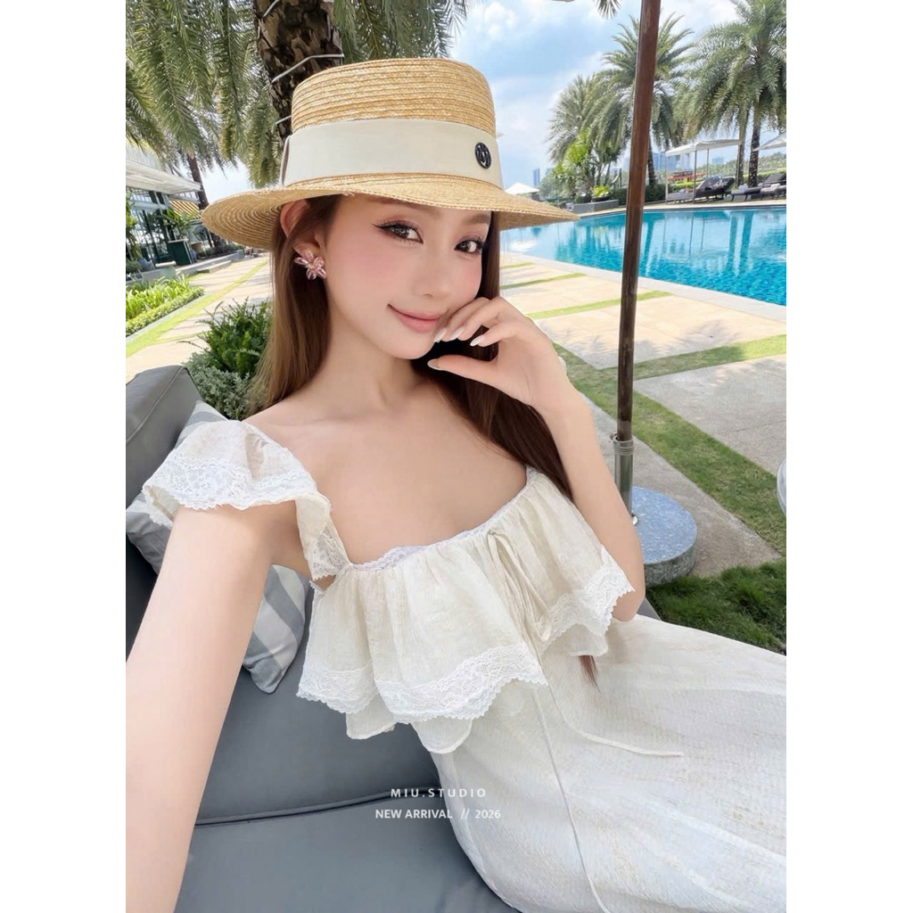 Váy maxi trắng 2 dây bản to phối bèo tầng dáng dài cao cấp, Đầm voan tơ cổ vuông bánh bèo tiểu thư mặc đi biển du lịch