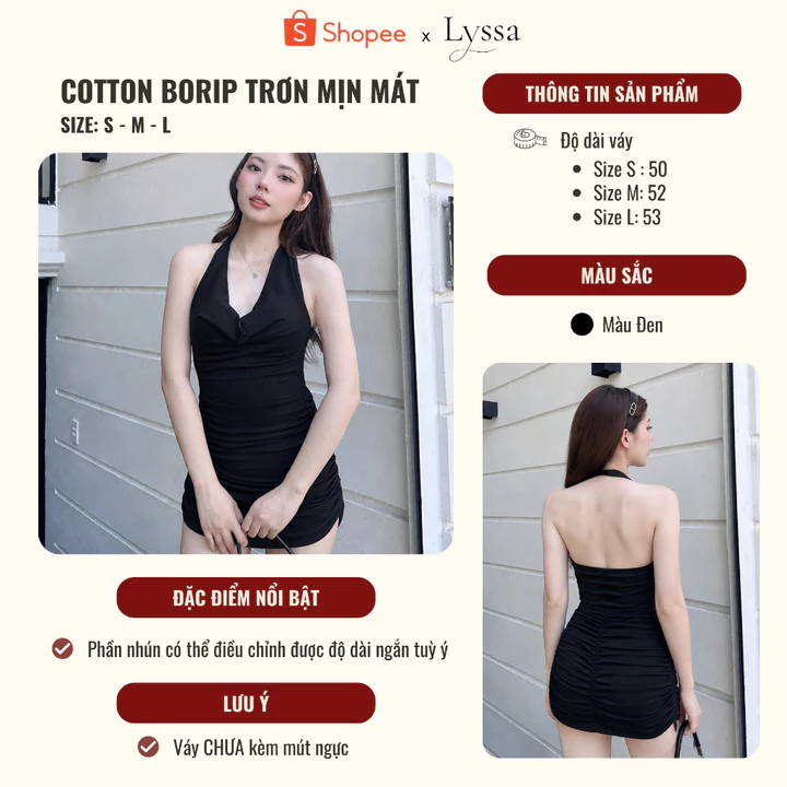 ( Mua 2 hời hơn ) Váy Yếm Nhún Ôm Body Cổ Đổ Tôn Dáng Chất Cotton Mềm Mịn, váy đi dự tiệc đám cưới,đầm dự tiệc -100