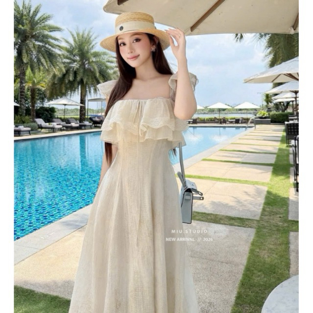 Váy maxi trắng 2 dây bản to phối bèo tầng dáng dài cao cấp, Đầm voan tơ cổ vuông bánh bèo tiểu thư mặc đi biển du lịch
