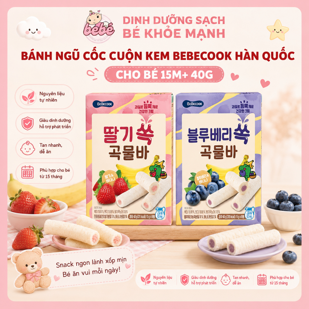Bánh Cuộn Ngũ Cốc BeBecook Hàn Quốc Cho Bé 15M+. Snack Thanh Cuộn Nhân Kem 40g