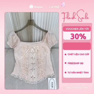 Áo Kiểu Nữ Tay Phồng Phối Ren Buộc Dây Croptop Ôm Dáng Phong Cách Hàn Quốc Ngọt Ngào