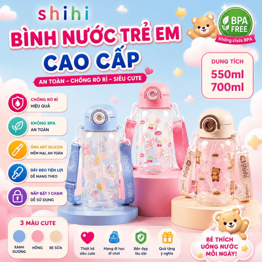 Bình nước SHIHI cho bé, ống hút silicon, chất liệu TRITAN, PC, 500ml,600ml,700ml tặng dây đeo
