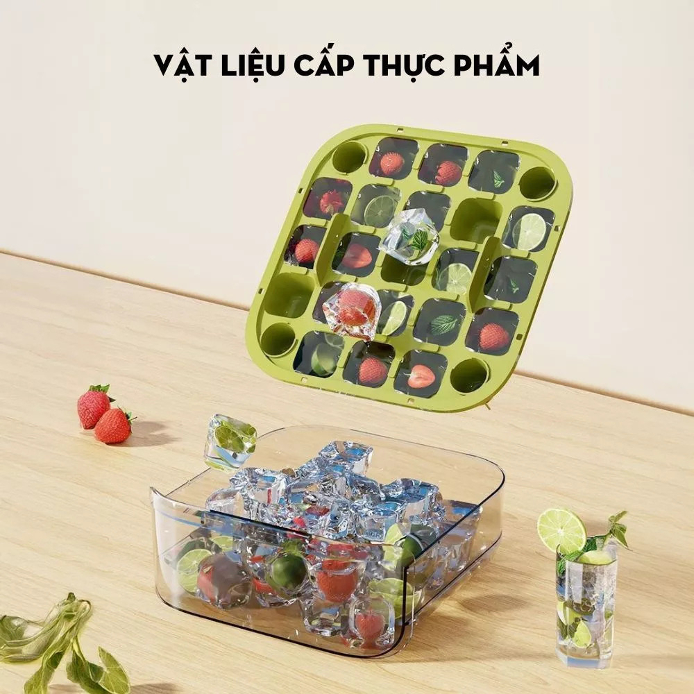 Hộp Khay Làm Đá Thông Minh Nhấn Nút Lấy Đá Dễ Dàng, Kèm Hộp Đựng 2 Tầng Có Tay Cầm Tiện Lợi