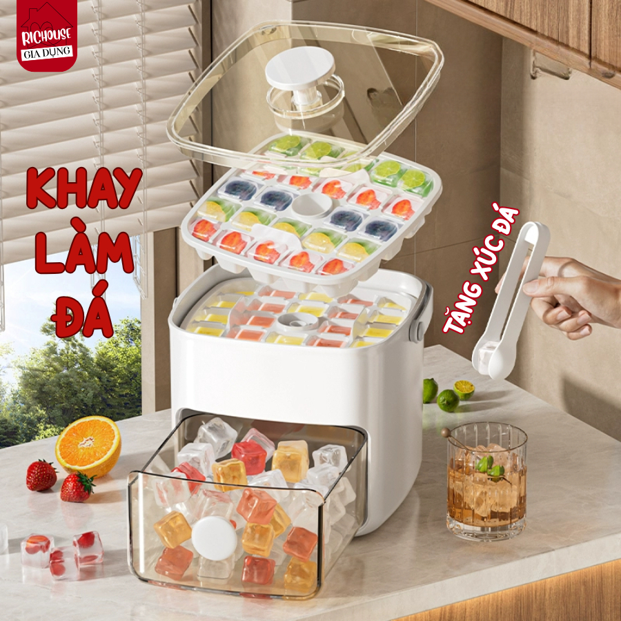 Hộp Khay Làm Đá Thông Minh Nhấn Nút Lấy Đá Dễ Dàng, Kèm Hộp Đựng 2 Tầng Có Tay Cầm Tiện Lợi