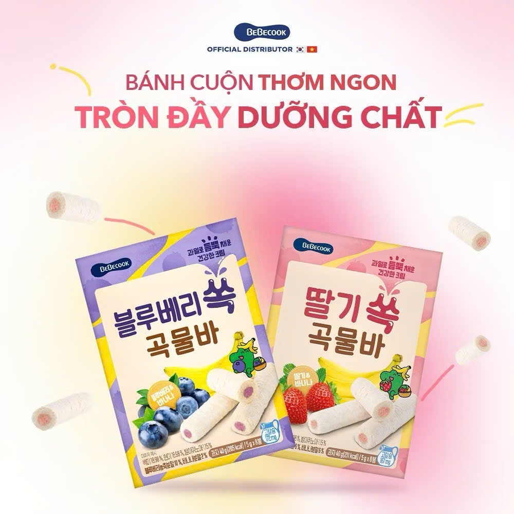 Bánh Cuộn Ngũ Cốc BeBecook Hàn Quốc Cho Bé 15M+. Snack Thanh Cuộn Nhân Kem 40g