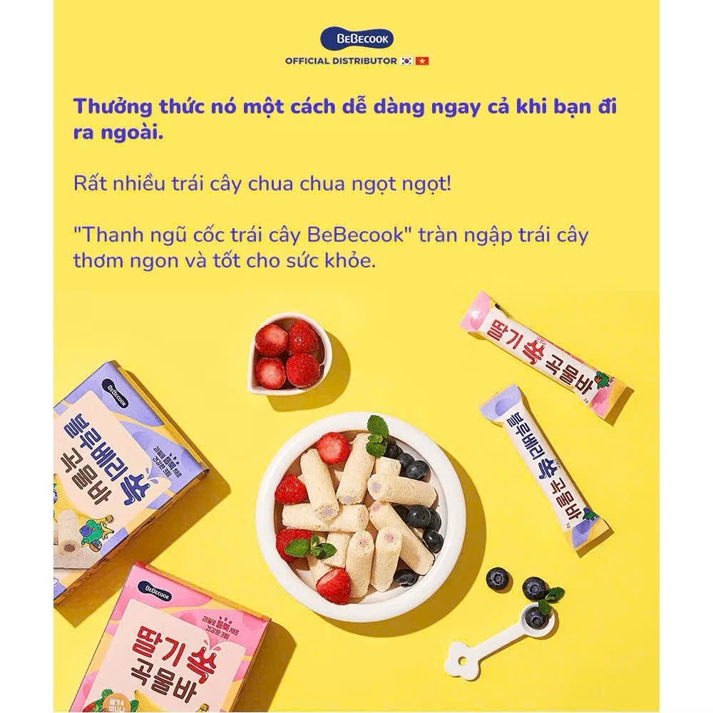 Bánh Cuộn Ngũ Cốc BeBecook Hàn Quốc Cho Bé 15M+. Snack Thanh Cuộn Nhân Kem 40g