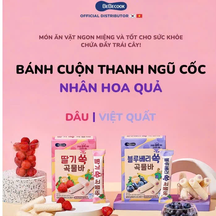 Bánh Cuộn Ngũ Cốc BeBecook Hàn Quốc Cho Bé 15M+. Snack Thanh Cuộn Nhân Kem 40g