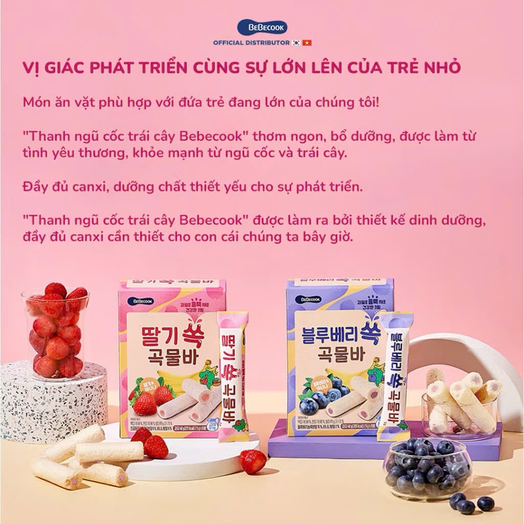 Bánh Cuộn Ngũ Cốc BeBecook Hàn Quốc Cho Bé 15M+. Snack Thanh Cuộn Nhân Kem 40g