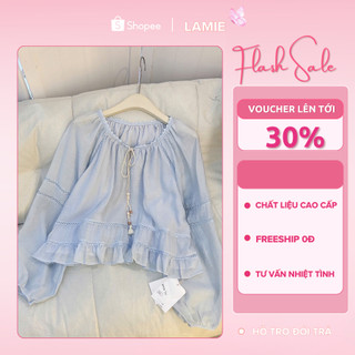 Áo Kiểu Babydoll Nữ Tay Dài Tay Phồng Cổ V Rút Dây Phối Ren Bèo Nhún Form Rộng Hàn Quốc