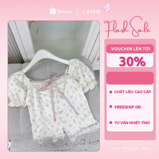 Áo Kiểu Nữ Hoa Nhí Cổ Vuông Thắt Nơ Form Xinh Tôn Dáng Dịu Dàng Phong Cách Hàn Quốc