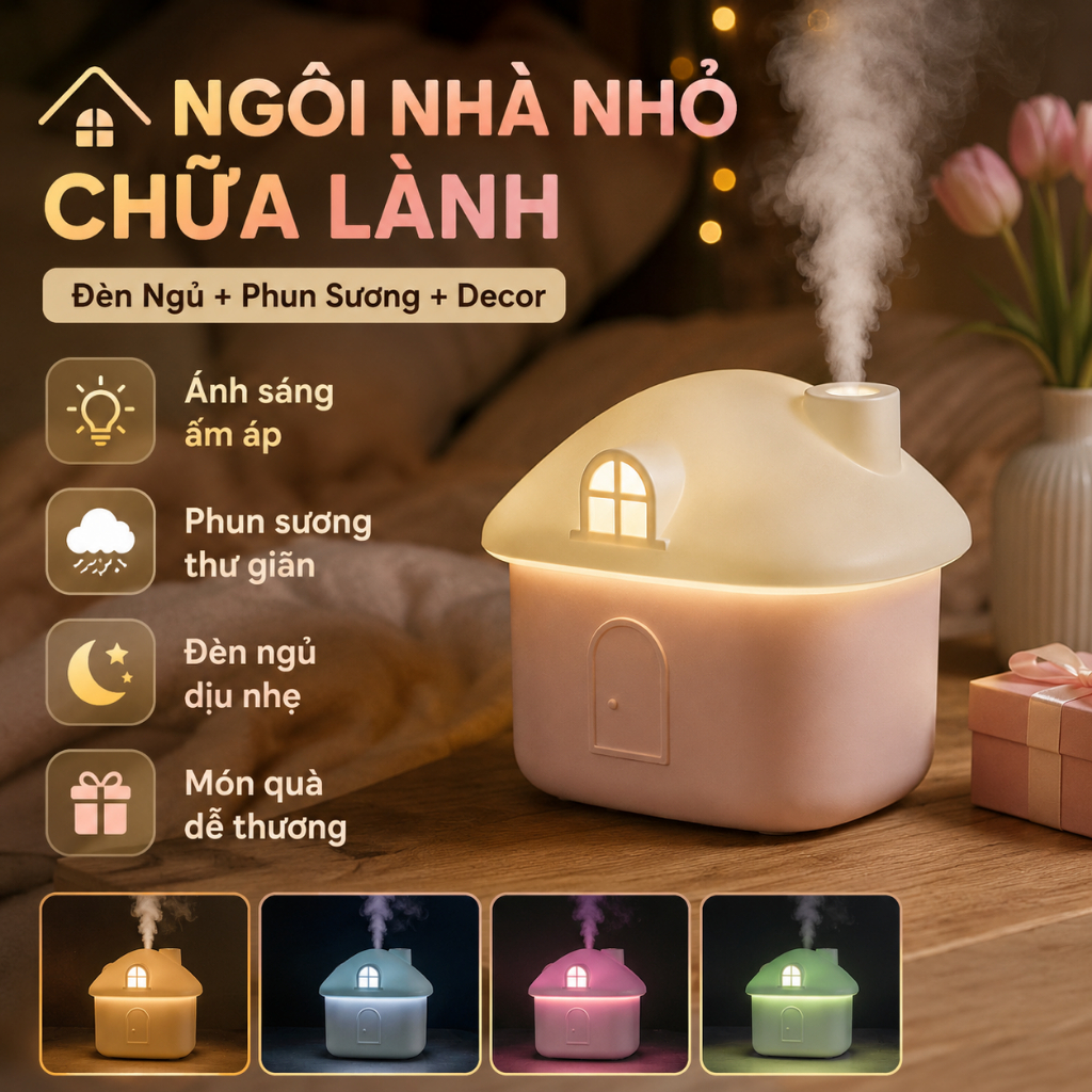 Máy Phun Sương Ngôi Nhà Mini 300ML, Đèn Ngủ LED, Decor Phòng Ngủ, Siêu Êm, USB Tiện Lợi