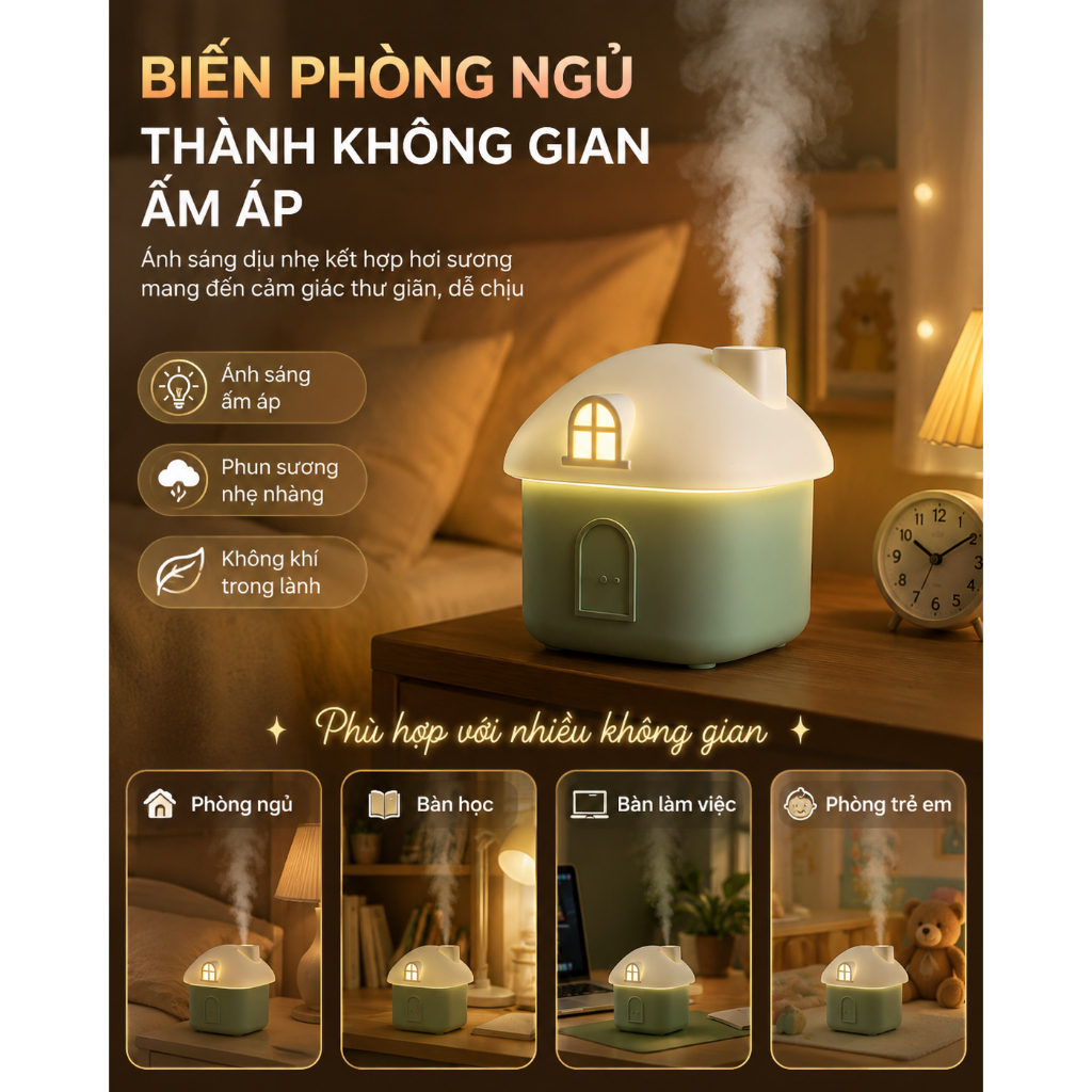 Máy Phun Sương Ngôi Nhà Mini 300ML, Đèn Ngủ LED, Decor Phòng Ngủ, Siêu Êm, USB Tiện Lợi