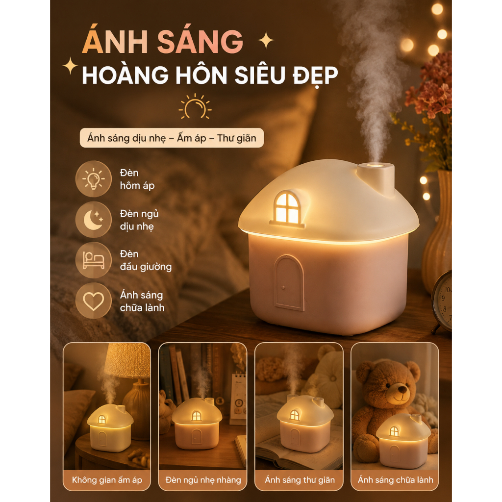 Máy Phun Sương Ngôi Nhà Mini 300ML, Đèn Ngủ LED, Decor Phòng Ngủ, Siêu Êm, USB Tiện Lợi