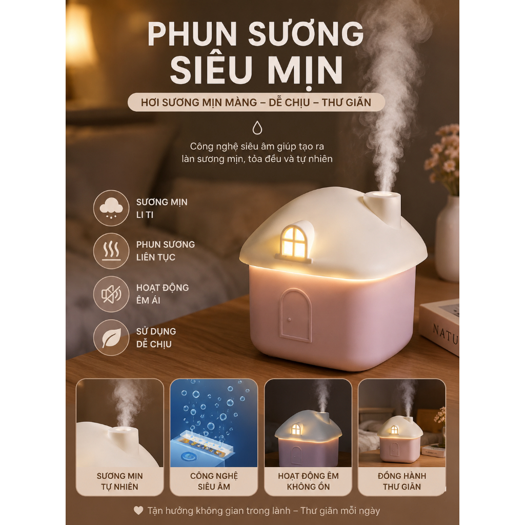 Máy Phun Sương Ngôi Nhà Mini 300ML, Đèn Ngủ LED, Decor Phòng Ngủ, Siêu Êm, USB Tiện Lợi