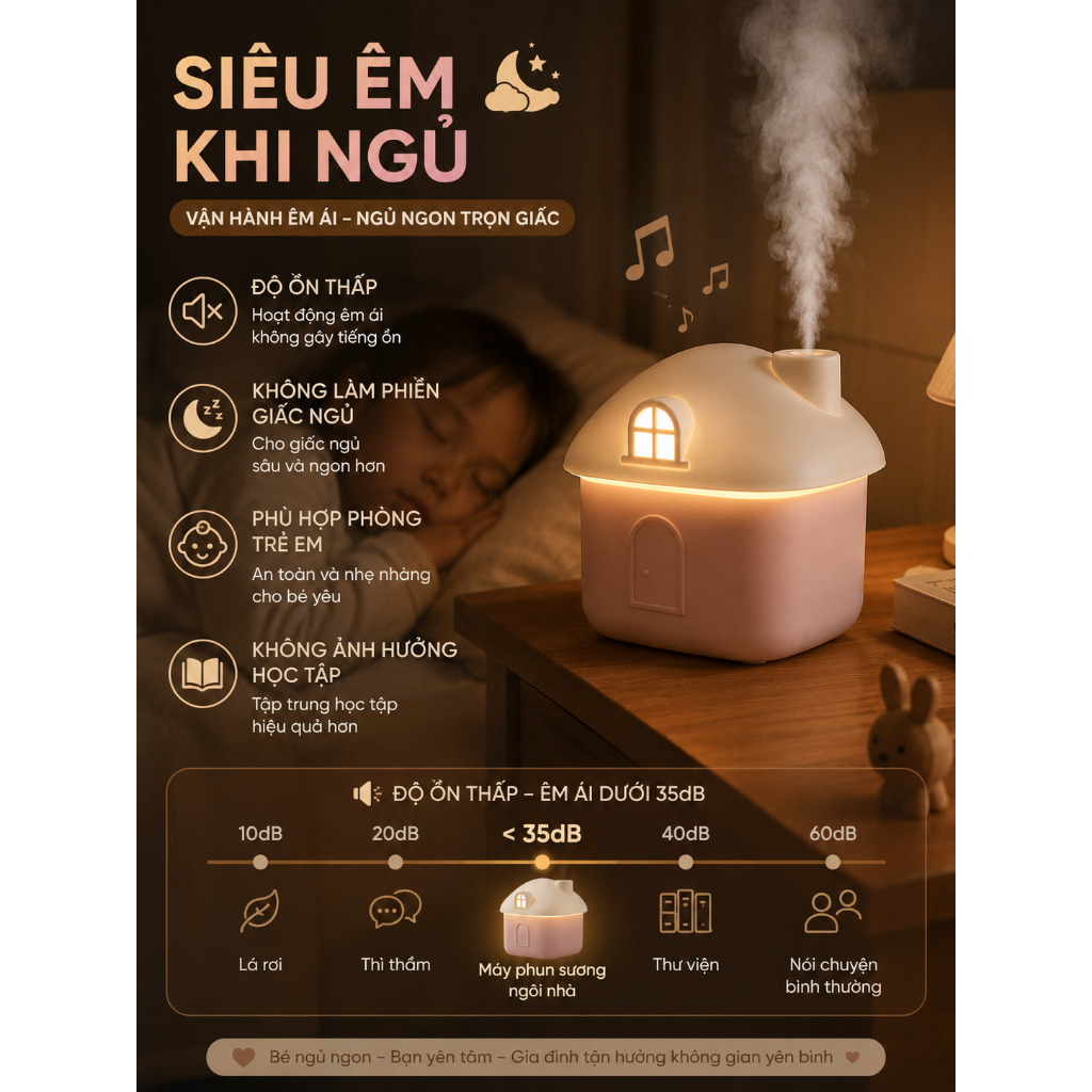 Máy Phun Sương Ngôi Nhà Mini 300ML, Đèn Ngủ LED, Decor Phòng Ngủ, Siêu Êm, USB Tiện Lợi