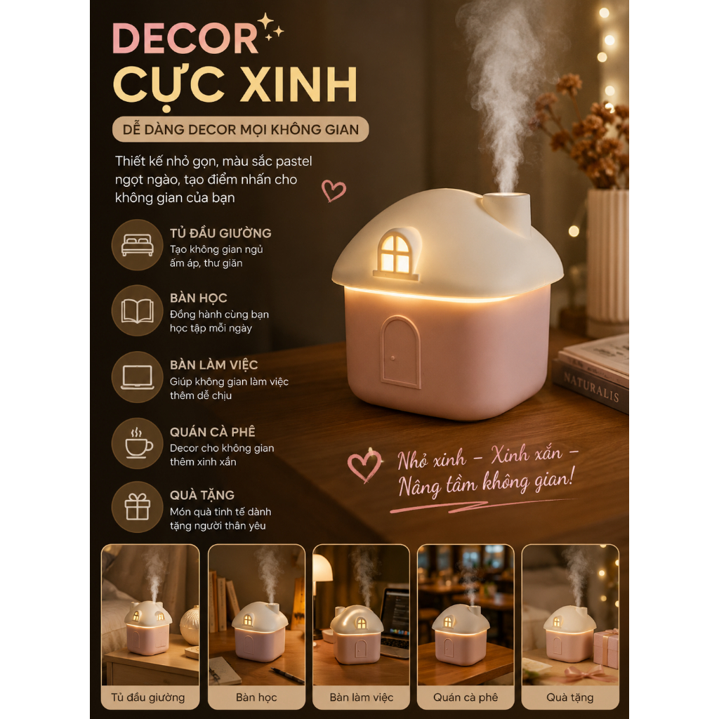 Máy Phun Sương Ngôi Nhà Mini 300ML, Đèn Ngủ LED, Decor Phòng Ngủ, Siêu Êm, USB Tiện Lợi
