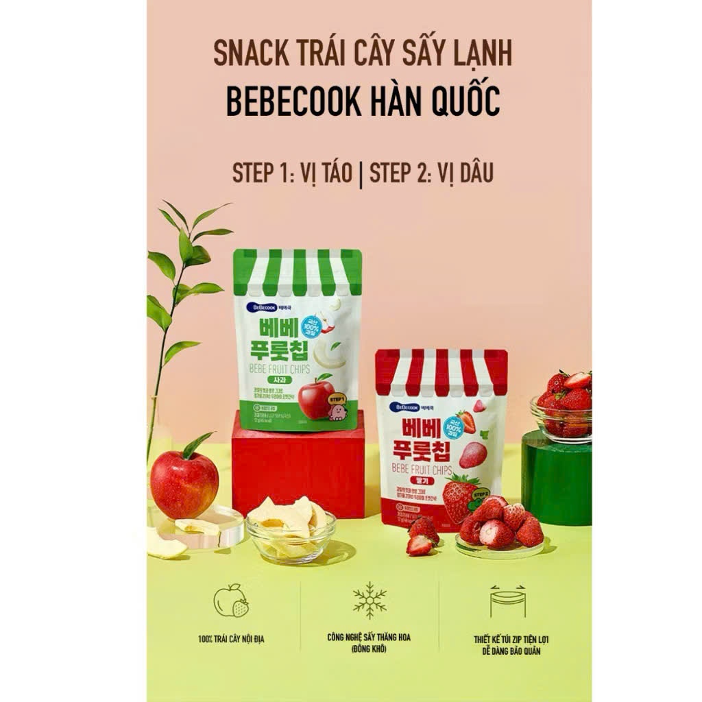 Trái Cây Sấy Lạnh BeBecook Hàn Quốc Cho Bé 7M+ 12g. 100% Trái Cây Sấy Lạnh Hàn