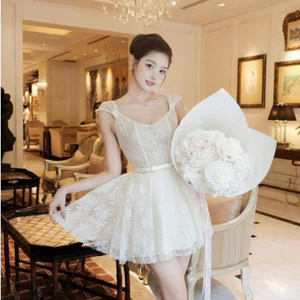 MIU.STUDIO • Đầm dự tiệc ren hoa cổ vuông phối đai nơ dáng xoè công chúa ,Váy tiểu thư 2S bản to phối nơ vai sang chảnh